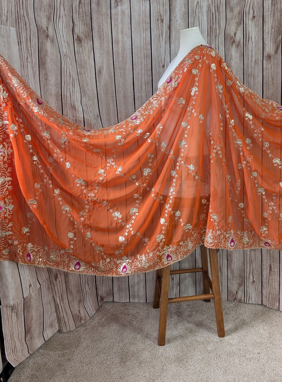 Embroidered Orange Sheer Bed Scarf by